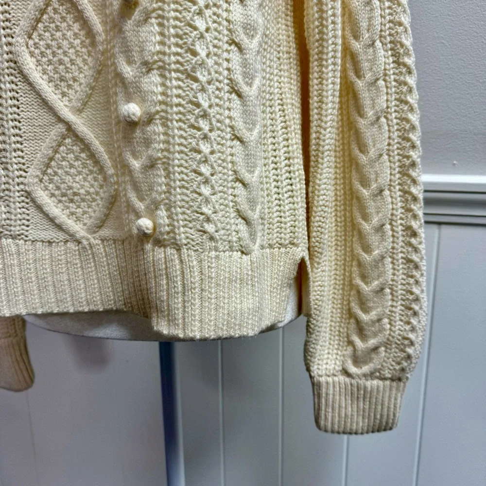 NEW J. Crew Pom-Pom Cable-Knit Pullover Crew Neck Sweater Natural Cream Small